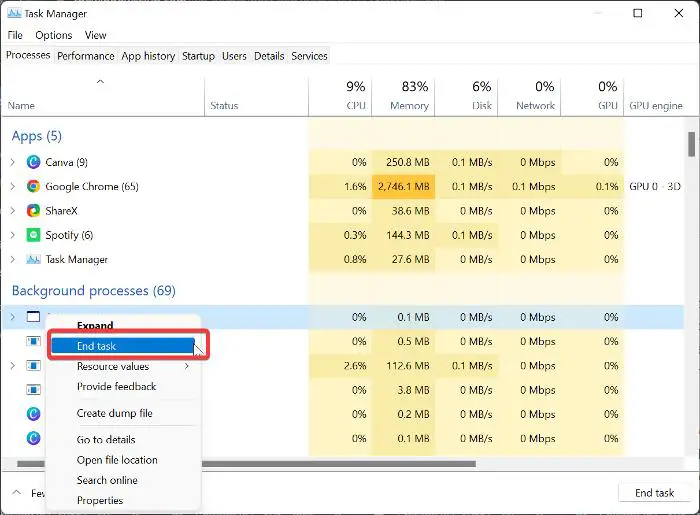 End process in Task Manager