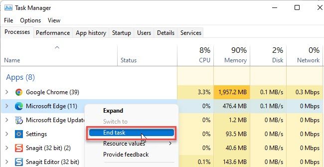 Ending Edge processes through Task Manager