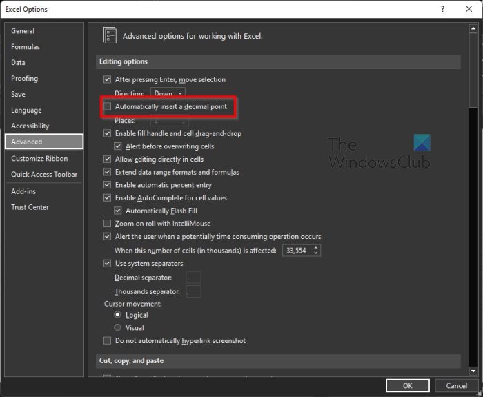 Excel Options Auto insert decimal point