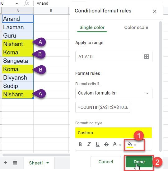 Highlight duplicate cells in a single Google Sheets column