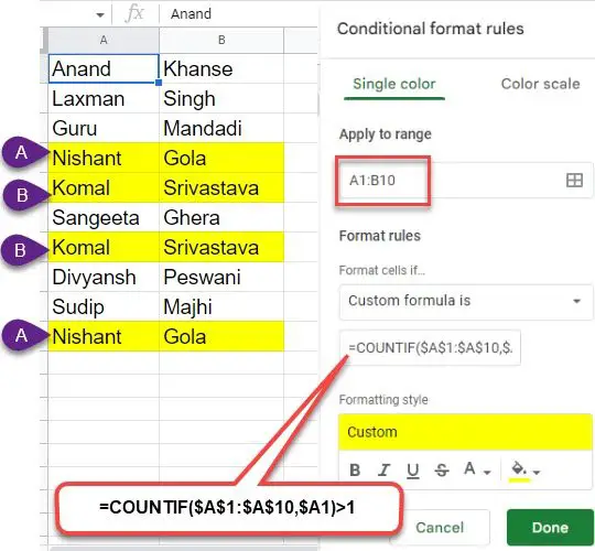 Highlight the entire row if duplicates are in one Google Sheets column