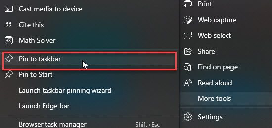 Pin to taskbar option in Edge