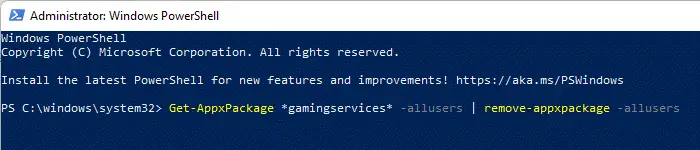 Reinstalling Gaming Services app through PowerShell