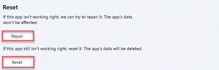 Repair, Reset Gaming Services app