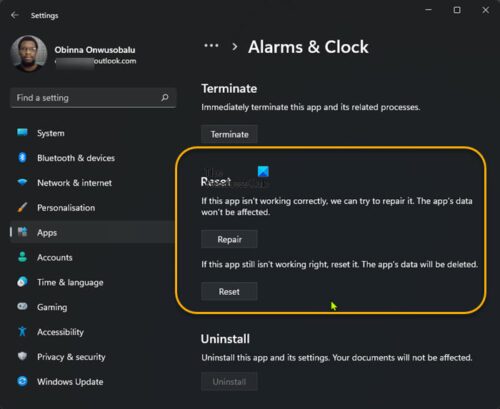 Repair or Reset Alarms & Clock app
