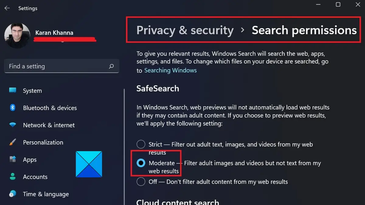 Safe Search will not turn off in Windows 11