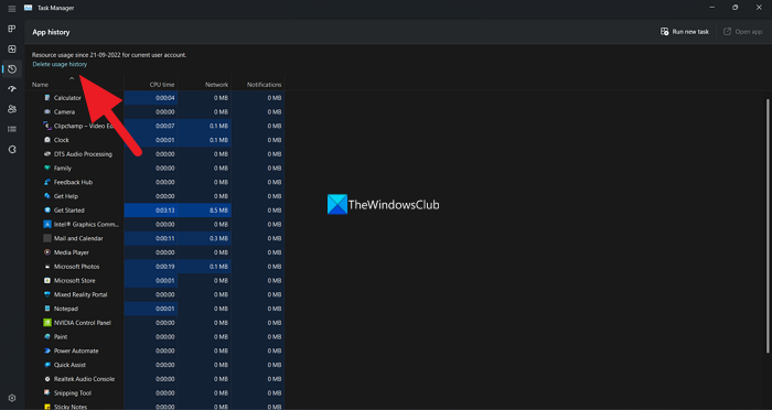 See and delete app history in new Task Manager Windows 11