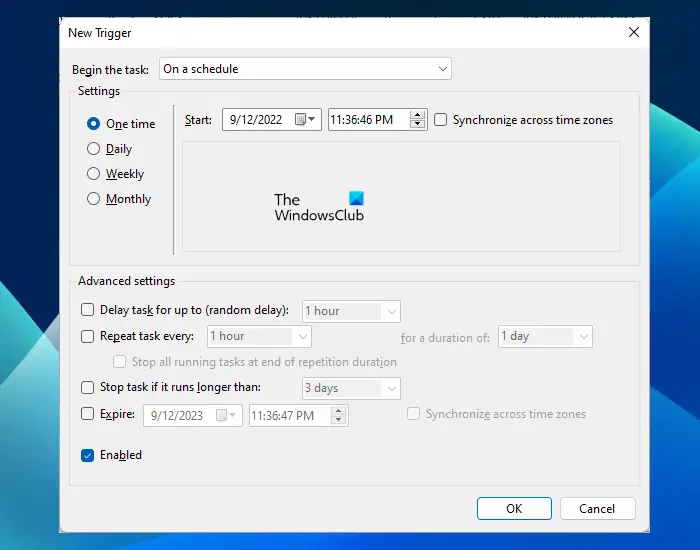 Set time for your task in Task Scheduler