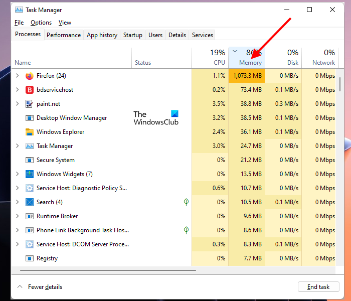 Sort Task Manager processes by Memory