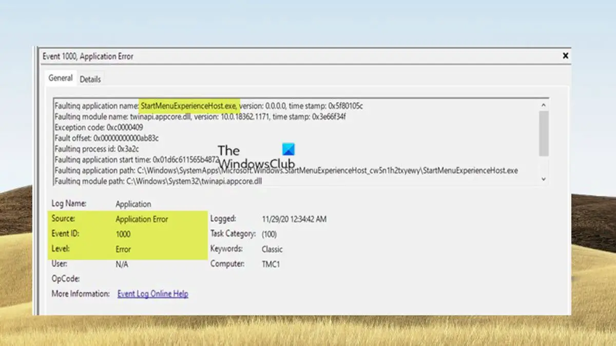 StartMenuExperienceHost.exe Error 1000, 1002 on Windows 11/10
