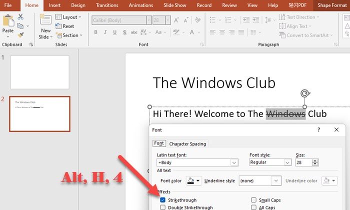 Strikethrough keyboard shortcut for Microsoft PowerPoint