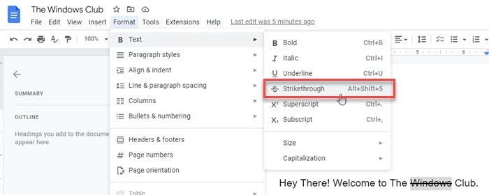 Strikethrough keyboard shortcut for Google Docs