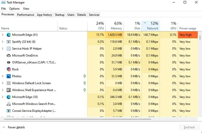 Task Manager Network Usage View