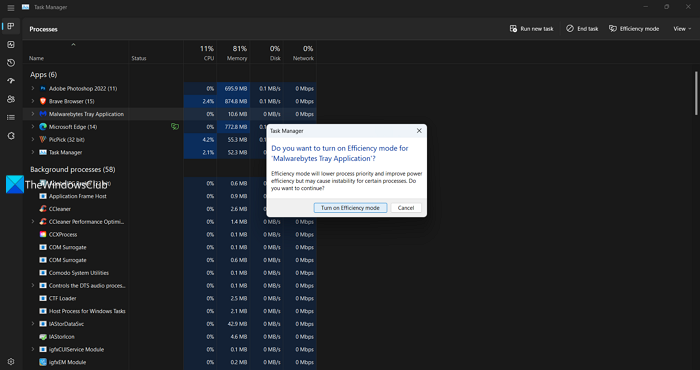 Turn on Efficiency Mode in Task Manager in Windows 11