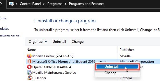 Uninstall Microsoft Office through Control Panel