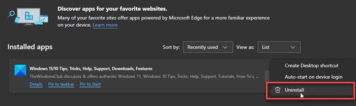 Uninstalling PWA through Edge