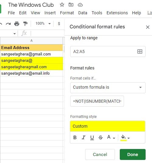 Validate emails in Google Sheets using Conditional Formatting rule