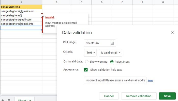 Validate emails in Google Sheets using Data Validation rule