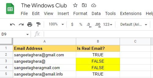 Validate emails in Google Sheets using ISEMAIL function