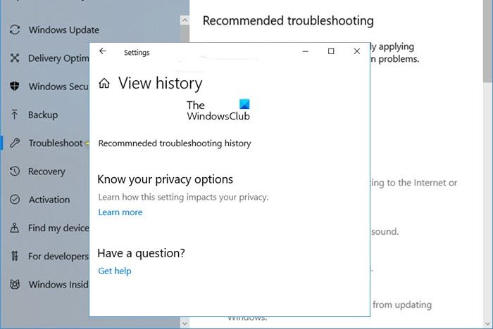 View Recommended Troubleshooting History
