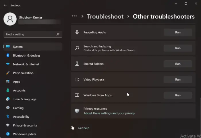 Windows Store Apps Troubleshooter - Win11