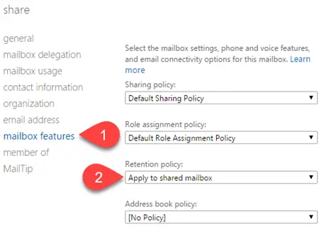 applying retention policy to shared mailbox