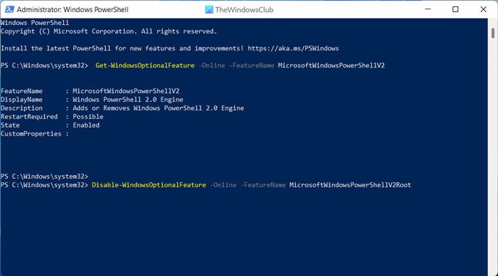 How to disable PowerShell v2 in Windows 11/10