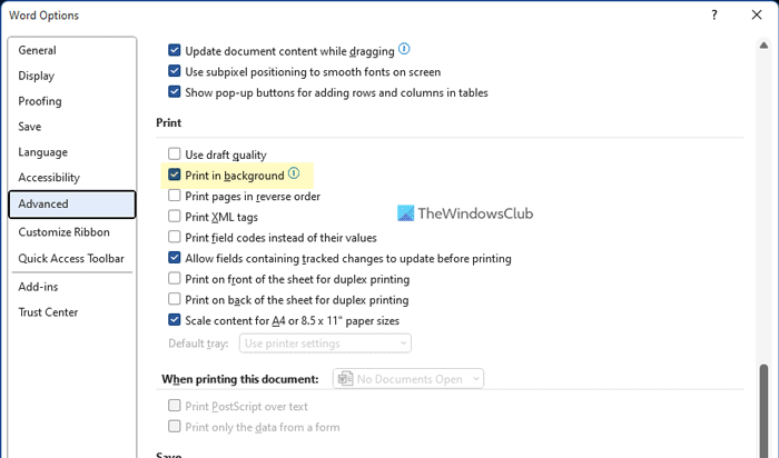 How to use Print in background feature in Word