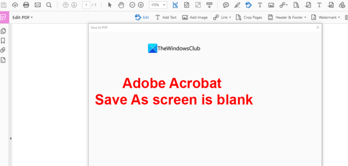 Adobe Acrobat Save As screen is blank