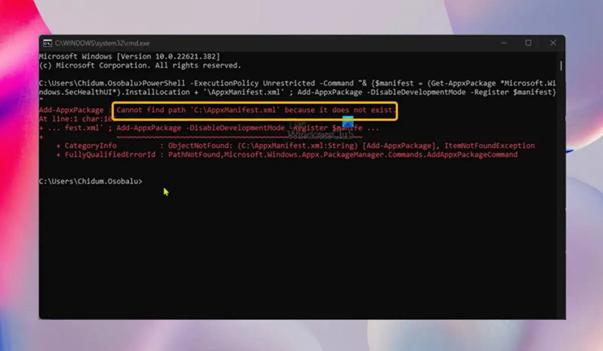 存在しないため、パス C:\AppxManifest.xml が見つかりません