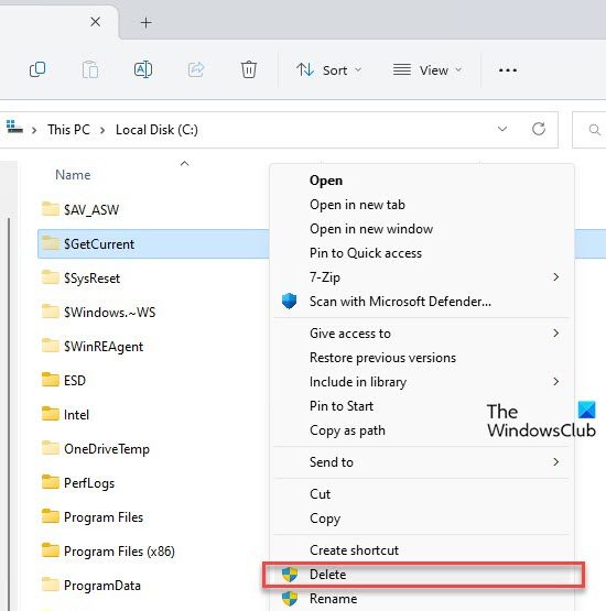 Deleting the $GetCurrent folder using Windows File Explorer