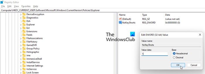 Disable keyboard shortcuts using Registry Editor