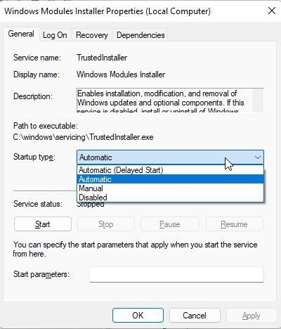 Enabling Windows Modules Installer