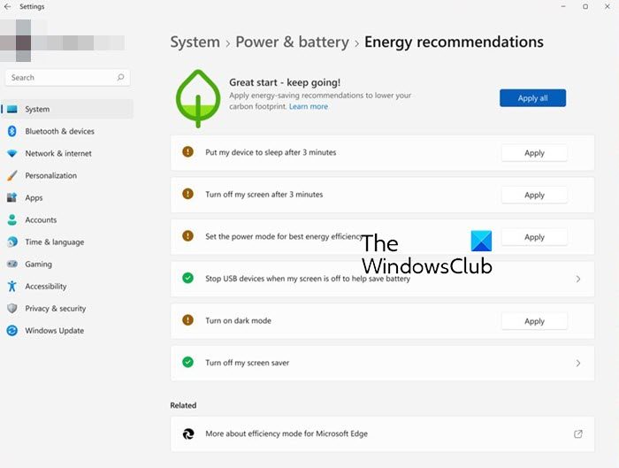 Energy Recommendations in Windows 11