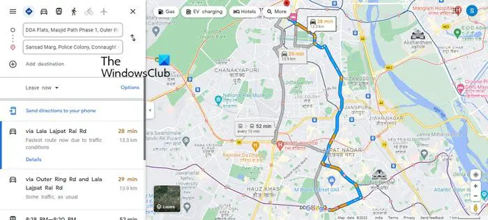 Google Map showing route from Address A to Address B