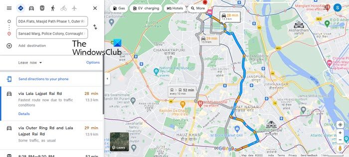 Google Map showing route from Address A to Address B