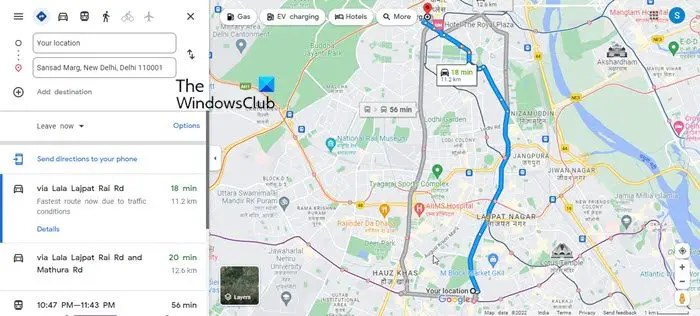 Google Map showing route from Current Location to a specific location