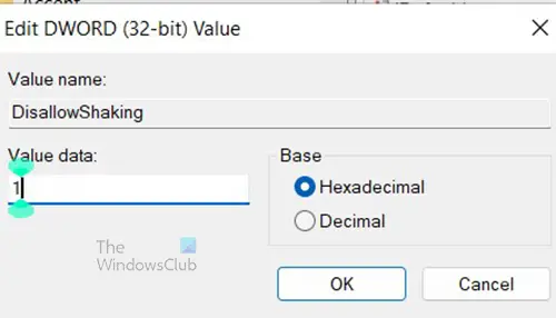 How to Enable or Disable Title Bar Shake in Windows 11- Value changed to 1
