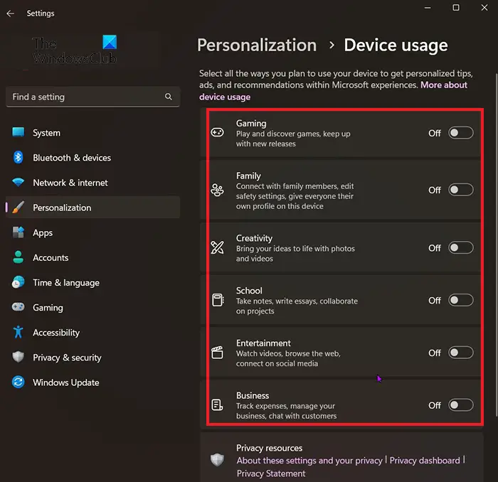 How to change or set device usage in Windows 11 - Device usage window