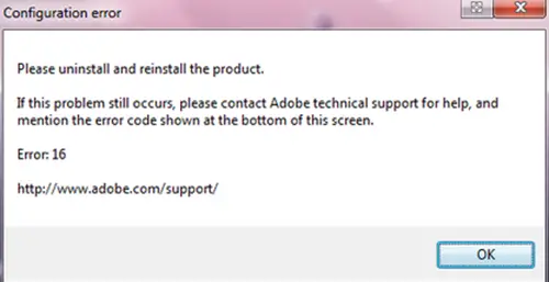 How to fix Adobe configuration errors 1, 15, 16 - Error message