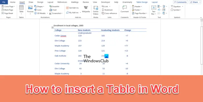 How to insert a Table in Word