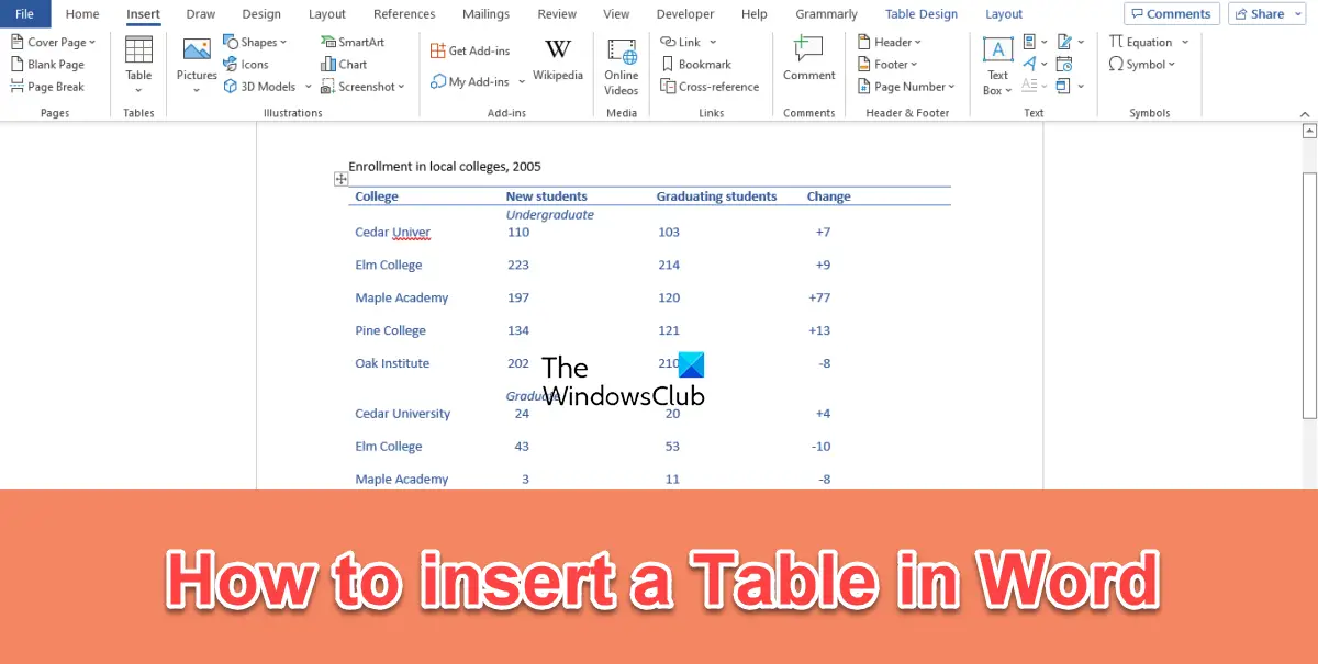 How to insert a Table in Word