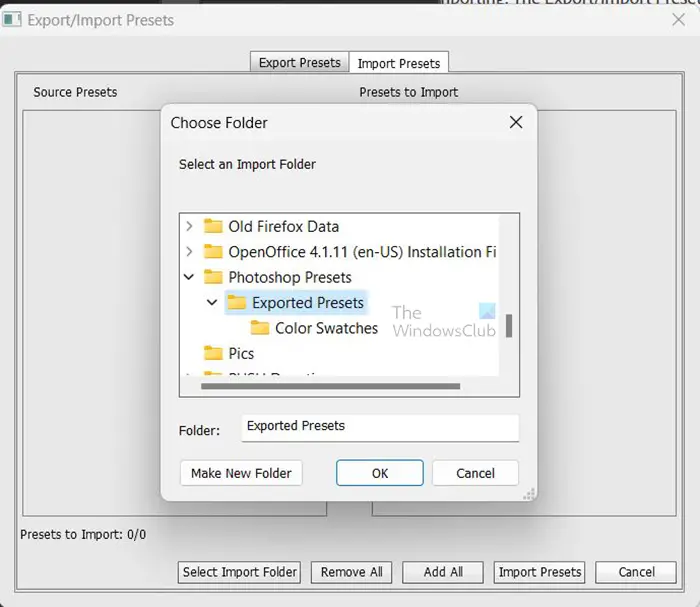 How to migrate Adobe presets, actions, and settings - select Preset folder