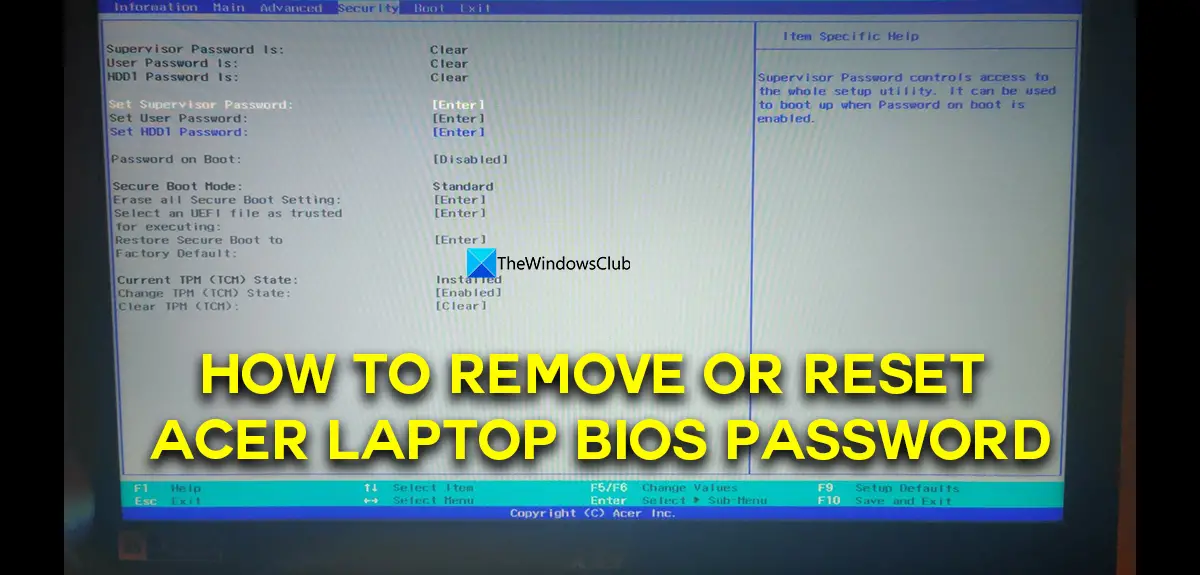 How to remove or reset Acer laptop BIOS Password
