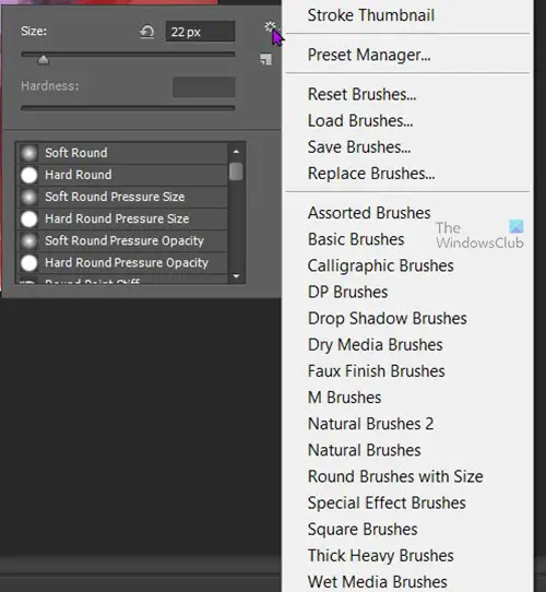 How to rotate brushes in Photoshop - Brush list menu