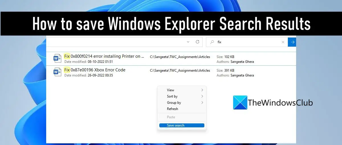 How to save Windows Explorer Search Results