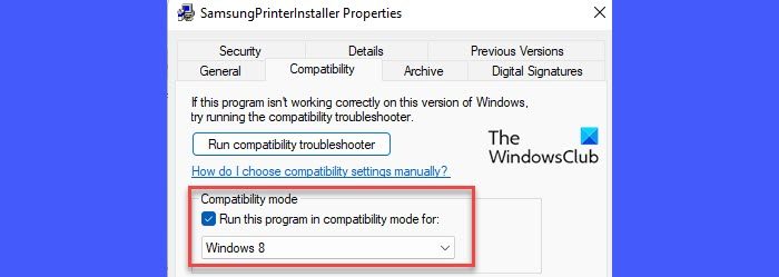 Installing printer driver in Compatibility mode