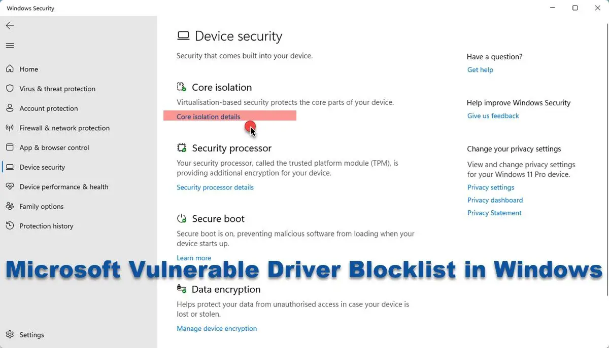 Microsoft Vulnerable Driver Blocklist in Windows 11