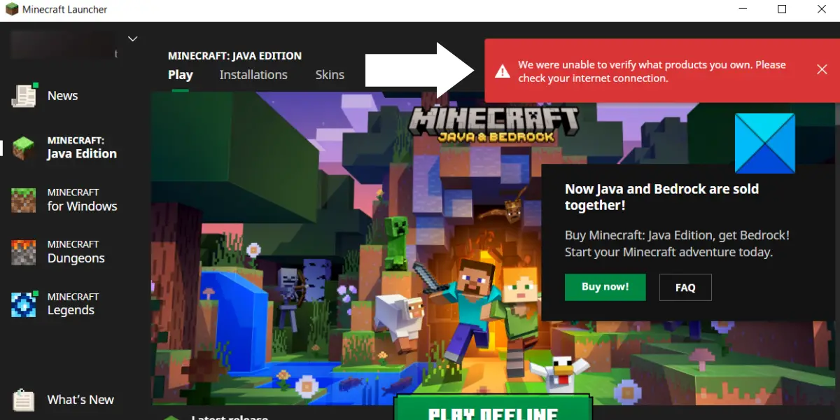 We were unable to verify what products you own error in Minecraft