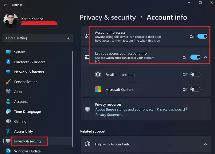 Prevent Apps from accessing your Account Info in Windows 11